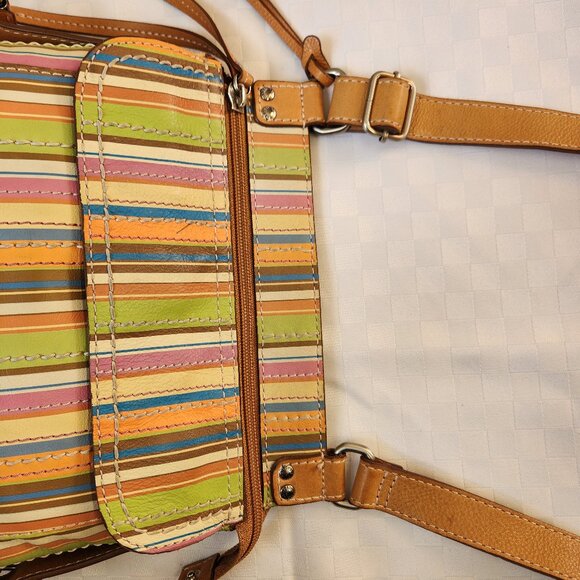Fossil 100% Leather Beige/ Multicolor Strips Crossbody Bag - Picture 2 of 16
